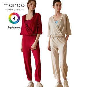 Set in Lino Personalizzato con Design di Alta Qualità, Top a Maniche Medie con Scollo a V Incrociato e <span class=keywords><strong>Pantaloni</strong></span> in Lino per Sport - Product Image 1