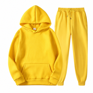 Premium Vibrant Yellow Long Two Piece Autumn Casual Fleece <b>Hoodie</b> Jogger Set Custom Logo Support Urban Streetwear Fashion - Product Image 2