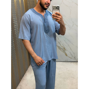 Elegant Handmade Moroccan <b>Men</b> Short Sleeve Jabador <b>Thobe</b> Islamic Traditional Lounge Casual Dress - Product Image 3
