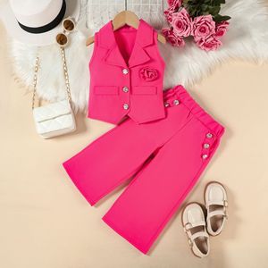 Traje de dos piezas para niña con chaleco de solapa, top sin cuello con diseño floral y pantalón de pierna ancha - Product Image 4