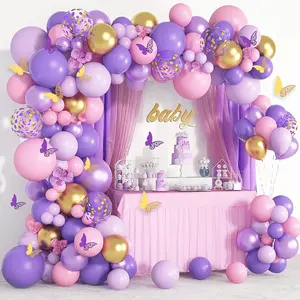 紫色粉色金色花环气球套装3D蝴蝶贴纸婴儿淋浴装饰女孩生日派对