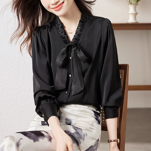 Women's White Blouse With Bow Tie Long Sleeve Solid Color Office Shirt Poplin Fabric Q9952 - Product Image 2