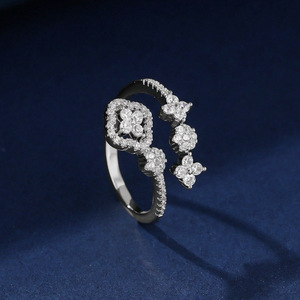 14K Gold Filled Cut VVS GRA Moissanite Trendy Rhodium Plated Exquisite Four Leaf Clover Open <b>Adjustable</b> Girls <b>Ring</b> - Product Image 4