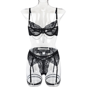 Conjunto de Lencería de 3 Piezas para Mujer Madura, Sexy, de Encaje Negro, <span class=keywords><strong>con</strong></span> Aberturas, <span class=keywords><strong>con</strong></span> Aros, Sujetador Suave y <span class=keywords><strong>Bragas</strong></span> <span class=keywords><strong>con</strong></span> Tirantes y Cadenas - Product Image 5