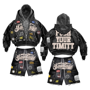Conjunto de Sudadera con Capucha Corta y Pantalones de Chándal de Algodón Desgastado con Cremallera, Bordado de Pedrería Personalizado y Estampado Holgado para Hombre, Estilo Streetwear OEM - Product Image 2