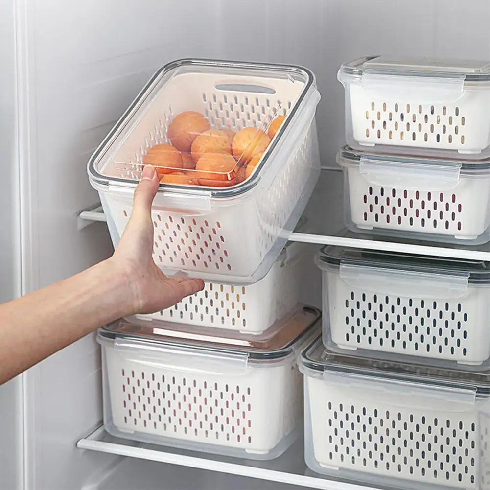 Caixa de armazenamento de geladeira, caixa organizadora para geladeira fresca, vegetais, frutas, dreno, cesta de armazenamento, recipientes e organizador de cozinha