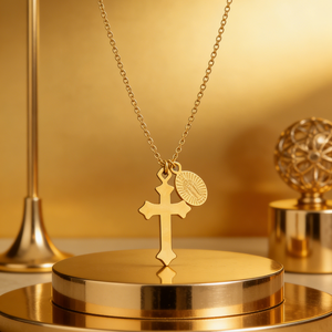 Bijoux religieux chrétiens, collier avec pendentif croix crucifix Vierge Marie Jésus, chaîne à maillons, acier inoxydable doré, couleur or rose - Product Image 1