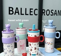 Thermos portable en acier inoxydable 304 grande capacité, isolé sous vide, pour café et thé, avec paille double usage, design bohème et dessin animé