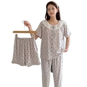 بيجامة نسائية من الدانتيل والقطن، طقم صيفي من ثلاث قطع، ملابس منزلية لطيفة على البشرة - Product Image 5