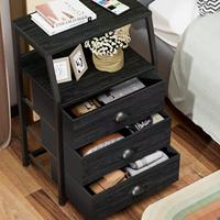 Commode haute Furnulem à 4 tiroirs avec structure en acier robuste et plateau en bois, finition noire, meuble de rangement pour chambre à coucher