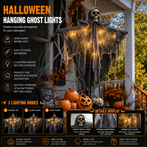 Guirlandes lumineuses fantômes suspendues pour Halloween, guirlandes lumineuses LED fantômes alimentées par piles, 3 modes d'éclairage, décoration intérieure et extérieure pour fête et jardin - Product Image 1