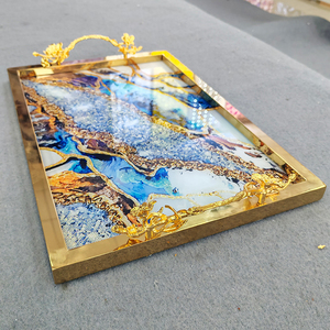 Springlegroup màu xanh Onyx Đá Cẩm Thạch Kết cấu khay sáng bóng vàng sang trọng cổ điển Nhà hàng nội thất nhà trang trí dịch vụ lưu trữ khay - Product Image 5