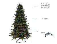 Grand sapin de Noël artificiel pré-éclairé de haute qualité, 7 pieds, structure articulée réaliste, 500 lumières LED multicolores