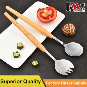 Mango largo decorativo haya madera y acero inoxidable ensalada servir cuchara y tenedor herramientas de ensalada de Metal - Product Image 2