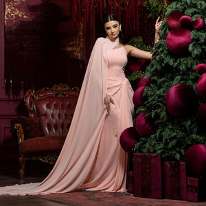 Sharon Said SF156 粉色褶皱鱼尾晚礼服，带飘逸披肩，适合女士婚礼、阿拉伯舞会礼服，无现货 - Product Image 1