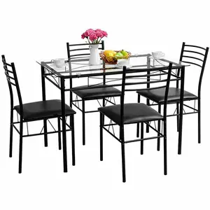 Ev mobilya mutfak yemek odası kullanılan cam masa ve metal sandalyeler Modern yemek masası seti satılık