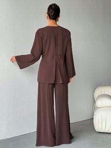 Completo Due Pezzi Casual Retrò da Donna, 100% Poliestere, Scollo a V, Vestibilità Ampia, per Uso Quotidiano, Primavera Autunno, Traspirante e ad Asciugatura Rapida - Product Image 3