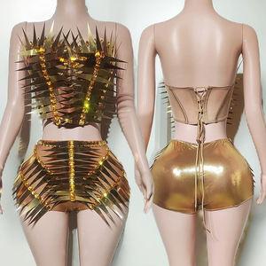 Traje de Danza para Mujer <span class=keywords><strong>Gogo</strong></span>, Conjunto de Top y Shorts de Seda/Distel Dorado para Espectáculo, Ropa de Actuación para Cantante, Ropa de Discoteca - Product Image 1