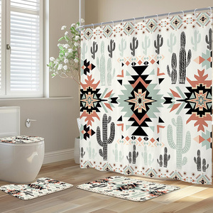 南西部Boho Tribal Geometric Ethnic 72W x 72Hインチ西部Aztecサボテンシャワーカーテン浴室用 - Product Image 3