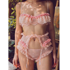 Mujer lencería Sexy conjunto de volantes de encaje ropa interior rosa íntimos ropa bragas y <span class=keywords><strong>ver</strong></span> a través de sujetador Lolita alambre libre sujetador conjunto - Product Image 2