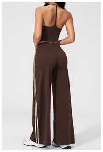 Ensemble 2 pièces sans bretelles pour femme, rose, sans manches, crop top, pantalon taille haute à jambes larges, rayures latérales, tricoté, respirant, style sportif - Product Image 6