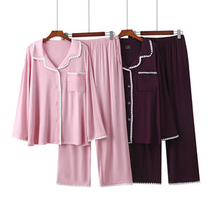 PJ-051 Modal Long Sleeve Women's Pajama <b>Set</b> Collar Embroidery Trim Spring/Autumn <b>Knitted</b> Loungewear Simple - Product Image 2