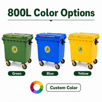 Conteneur à déchets en plastique écologique de 800 litres avec couvercles, bac à ordures robuste à 4 roues pour extérieur, vente en gros