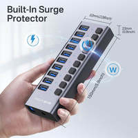 Hub USB alimenté 10 ports 10 Gbit/s USB 3.2 Gen2 avec interrupteurs individuels, adaptateur secteur 48W, station d'accueil en aluminium – En stock
