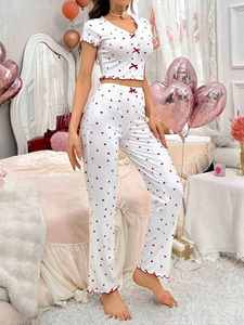 Pyjama court à manches courtes pour femme, imprimé cœurs, col en V, taille haute élastique, respirant, avec nœud – Modèle I-0630 - Product Image 5