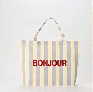 Sac fourre-tout à bandoulière en toile rayée simple et tendance grande capacité, personnalisable et réutilisable pour femme - Product Image 2