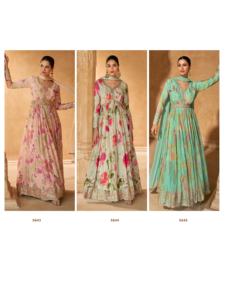 Vestido Anarkali de seda Chinon pesado con estampado digital con bordado, vestido de fiesta de trabajo para venta de exportación - Product Image 5