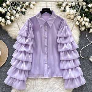 เสื้อเบลาส์แขนยาวระบายหลายชั้น สัมผัสนุ่มหรูหรา ผ้าซาติน แฟชั่นสำหรับผู้หญิง - Product Image 5