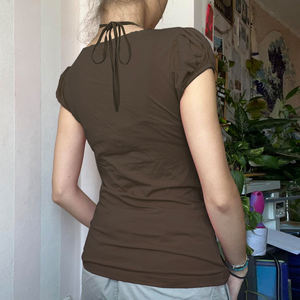 Camiseta de Manga Corta con Cuello Cuadrado y Encaje, para Mujer, Color Rosa, Corte Ajustado, con Cuentas y Fruncido, Estilo Casual Chic - Product Image 6