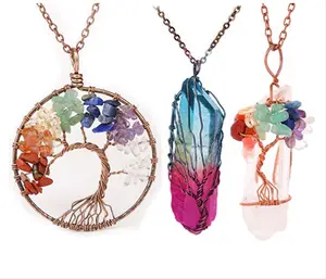 3Pcs/Set Natural Crushed Stone Necklace Three-piece Set Hexagonal Column Crystal Tree Of Life Jewelry Pendant Necklace