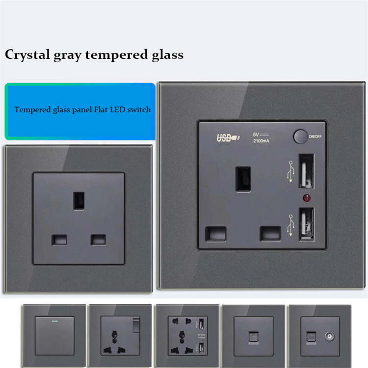 multi-functional grey tempered glass wall socket panel British standard Hong Kong version usb switch wall socket