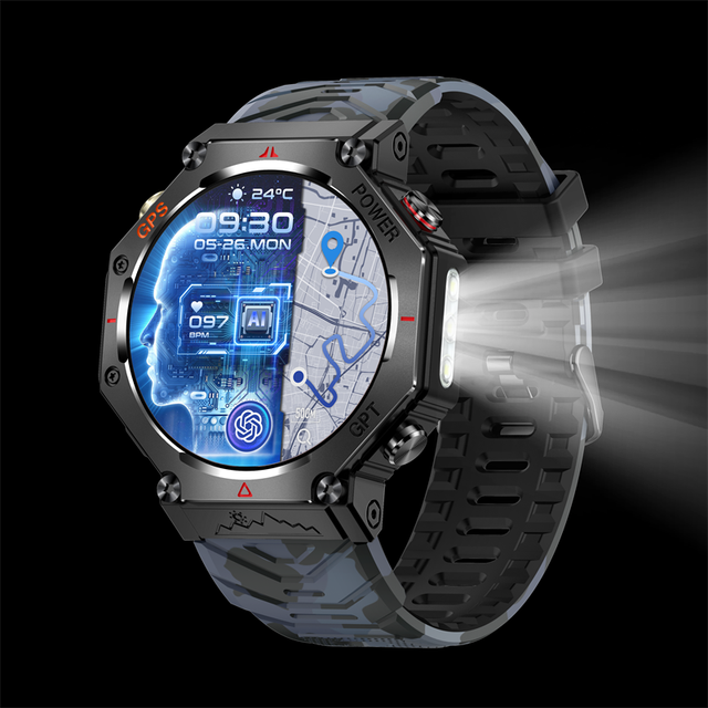 KC91 GPS ChatGPT Answer Smart Watch with Flashlight, 1.39" Round Display 3ATM Waterproof Altitude Compass Smartwatch Hombre