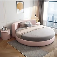 Lit rond de luxe moderne 2025 en velours, taille King, avec rangement réglable, fonction massage et conception pré-assemblée pour mobilier de chambre d'hôtel