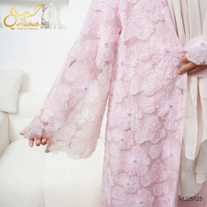 عباية دبي فاخرة مصنوعة يدويًا للعيد ورمضان، دانتيل مزخرف ثلاثي الأبعاد بالزهور واللؤلؤ، كارديجان مفتوح للمسلمات مع فستان داخلي - Product Image 3