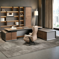 Bureau de direction de luxe en forme de L, grand format, finition grain de bois, table moderne pour PDG, directeur, mobilier de bureau, poste de travail avec rangement