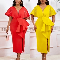 ZHEZHE dernière conception été robe de soirée femmes Sexy col en v à volants fendu perlé élégant robes de soirée 2024