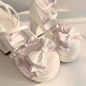 White Lolita <b>Platform</b> <b>Heels</b> With Bowknots And Lace-Up Closure Thick <b>Block</b> <b>Heel</b> Women Shoes Spring Style - Product Image 4