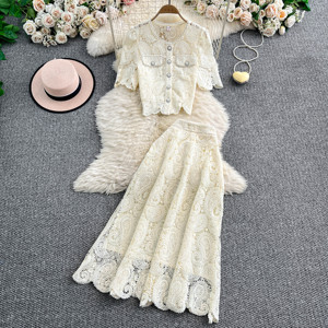 Roman 2 pezzi Set da donna Top manica a sbuffo e vita alta gonne di pizzo sottile vestito abbigliamento all'ingrosso - Product Image 2