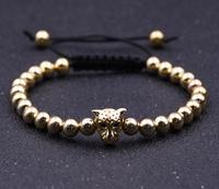 Bracelet pour homme en acier inoxydable avec tête de léopard perlé, bracelet de guerrier romain, bracelet de guerrier spartiate, bijoux pour homme, cristal de 6 mm réglable