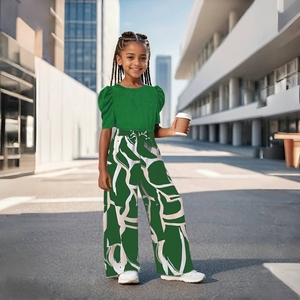 Conjunto Infantil Estilo Coreano de 2 Piezas, Top Moderno con Mangas Abullonadas + Pantalones Anchos Florales, Trajes Casuales para Niñas - Product Image 2