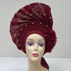 MH-1190 2024 Luxe pour femmes, <span class=keywords><strong>Aso</strong></span> Oke nigérian déjà confectionné, uni, avec strass, turban musulman africain, réglable, foulard pour femmes - Product Image 3