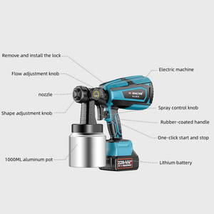 Outils de peinture <span class=keywords><strong>Pistolet</strong></span> à peinture électrique sans fil Batterie au lithium <span class=keywords><strong>avec</strong></span> 5 buses en cuivre et 2 arrosoirs pour meubles de clôture - Product Image 6