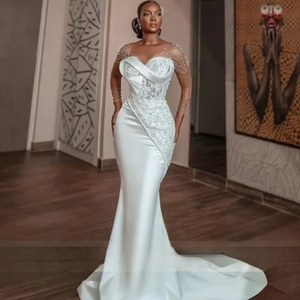 Vestido de novia africano de sirena con cuentas de perlas de lujo Sheer O-cuello de manga larga Aso Ebi <span class=keywords><strong>vestidos</strong></span> de compromiso vestido de corsé - Product Image 1
