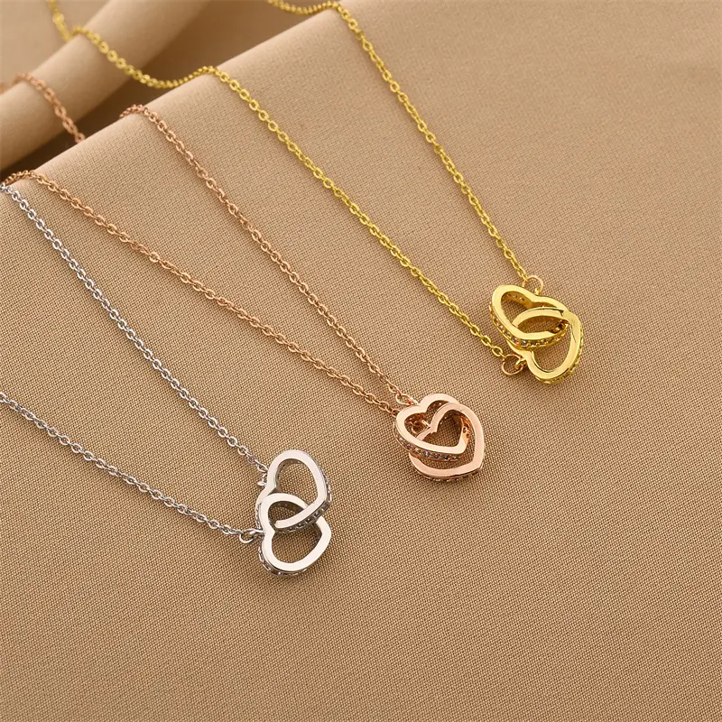 Fashion Jewelry Interlock Double Heart Necklace Micro Pave Cubic Zirconia Stainless Steel Heart Necklace For Women