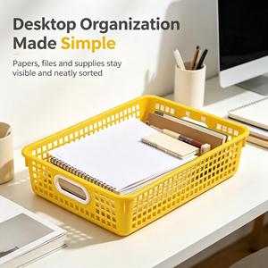 Panier de rangement de bureau rectangulaire moderne en plastique, design maillé, pour salle de classe et usage domestique, avec poignées jaunes et blanches - Product Image 1
