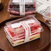 Rechthoekige verhoogde deksel PET mousse tiramisu mousse pudding cake bakblik met lepel, eenmalig gebruik, transparante voedselverpakking